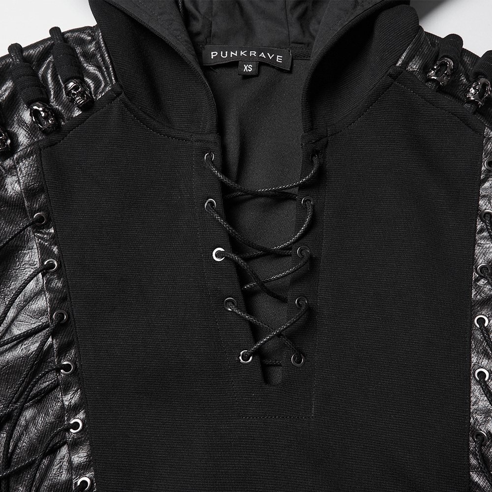 Punk Black Lace-Up Hoodie with Leather Shoulder Details featuring unique lace-up design and metal eyelet accents.