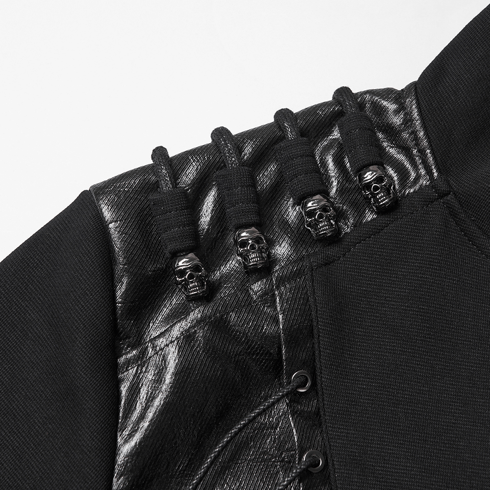 Punk Black Lace-Up Hoodie with Leather Shoulder Details showcasing intricate skull toggles and thick wax ropes.