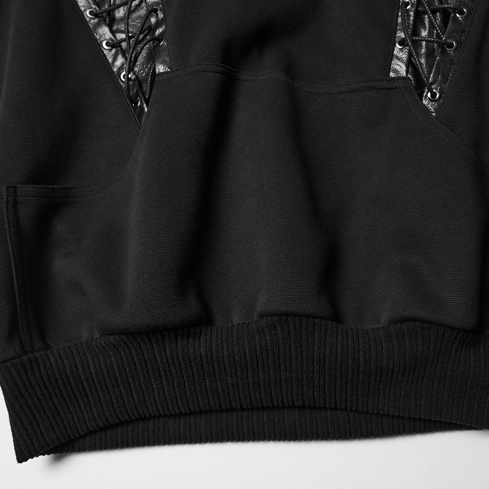Punk Black Lace-Up Hoodie with Leather Shoulder Details showcasing intricate lace-up details and a sleek black design.