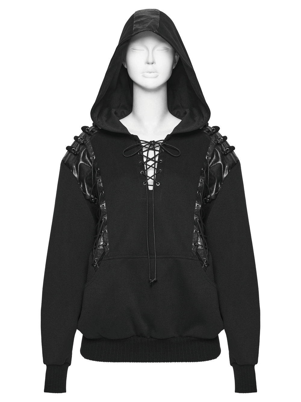 Punk Black Lace-Up Hoodie with Leather Shoulder Details showcasing gothic skull accents and a bold black design.