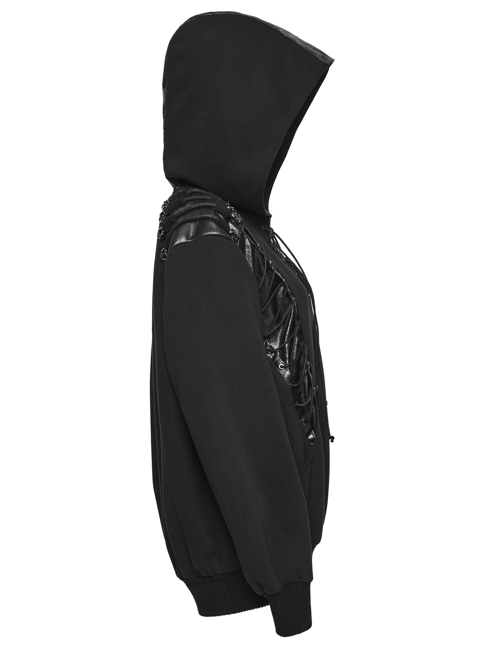 Punk Black Lace-Up Hoodie with Leather Shoulder Details side view showcasing the hood and avant-garde design features.