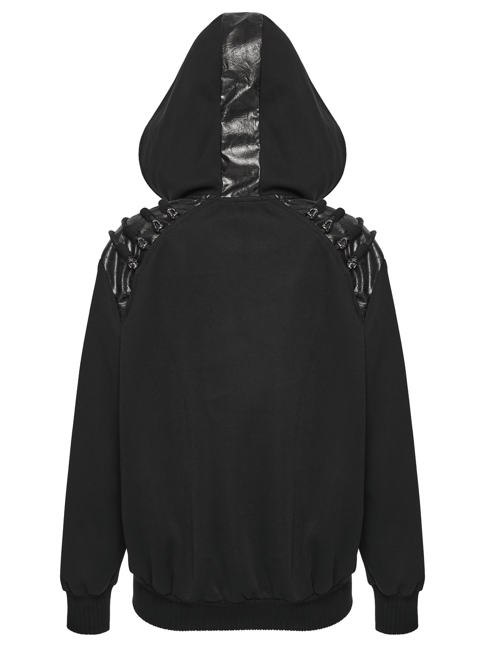 Punk Black Lace-Up Hoodie with Leather Shoulder Details showing back view with leather accents and hood.