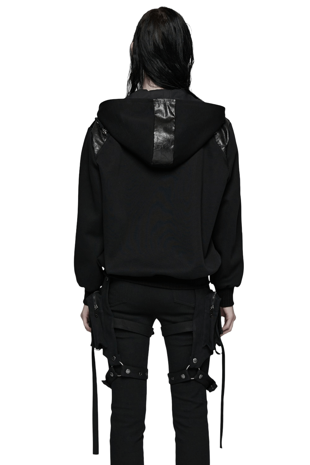 Punk Black Lace-Up Hoodie with Leather Shoulder Details showcased from the back with stylish leather accents.