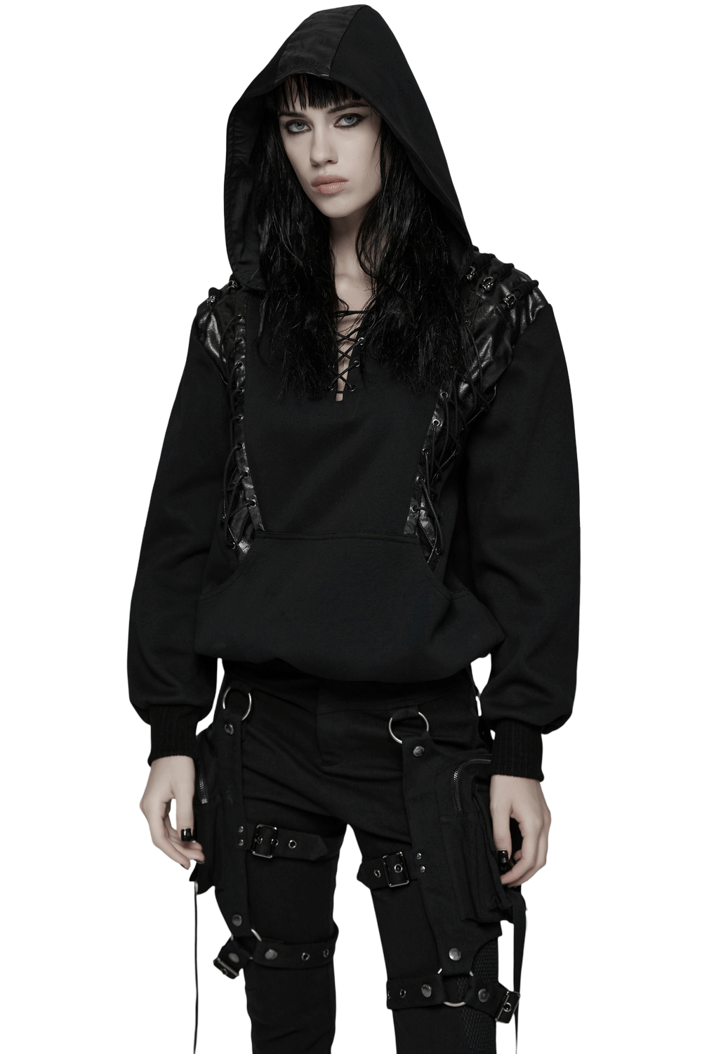 Punk Black Lace-Up Hoodie with Leather Shoulder Details worn by a model, showcasing its gothic vibe and unique design.