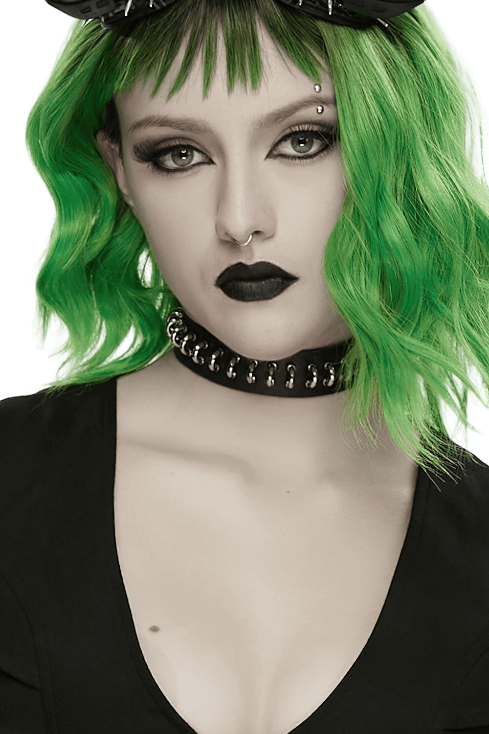 Punk Black Leather Choker with Metal Ring Details worn by model with green hair and bold makeup.