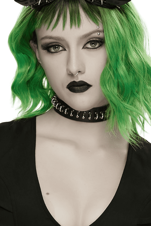 Punk Black Leather Choker with Metal Ring Details