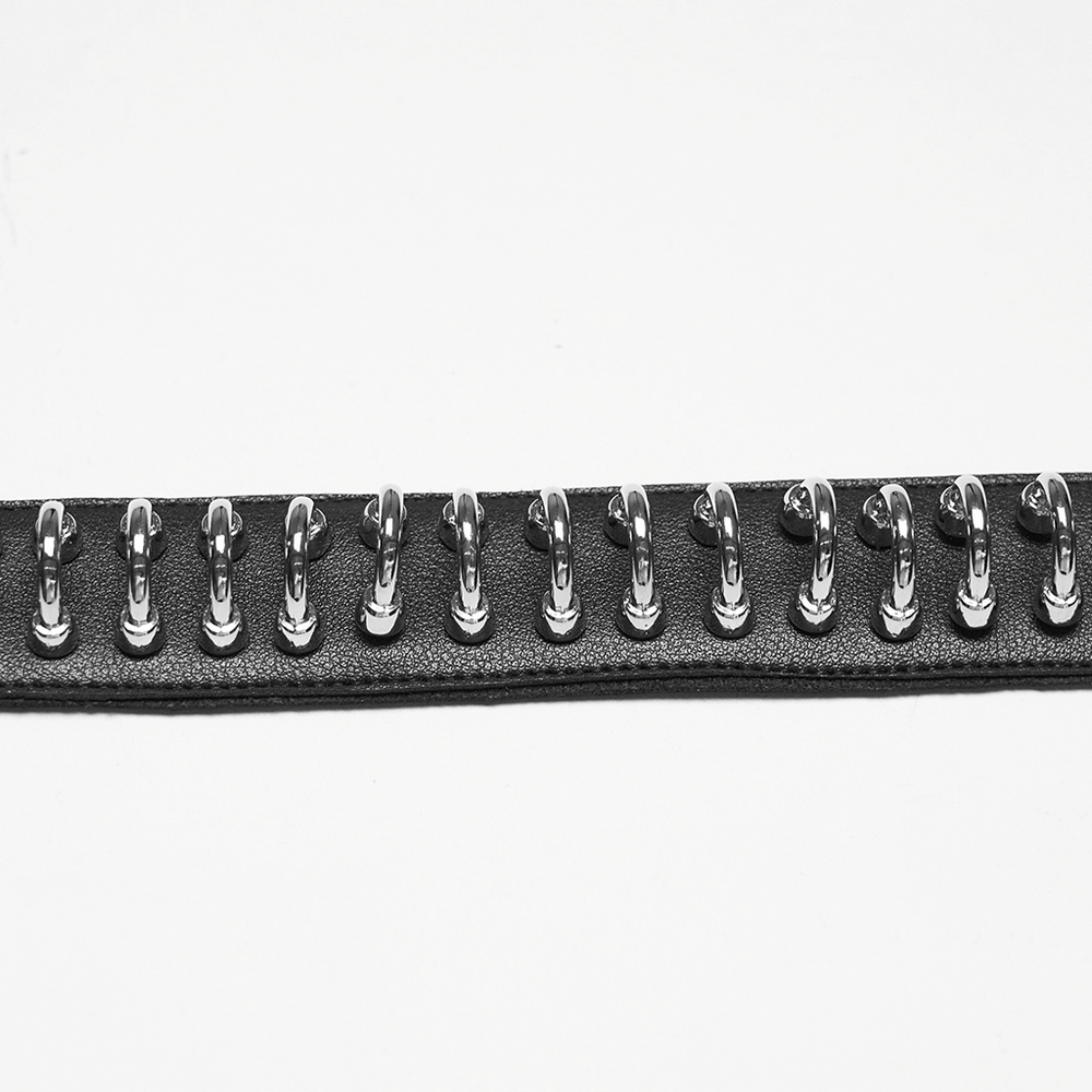 Punk Black Leather Choker with Metal Ring Details showcasing adjustable metal rings on leather for a bold style.