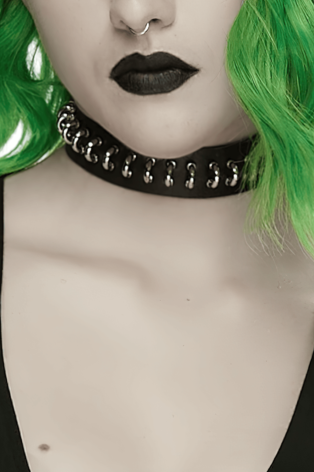Punk Black Leather Choker with Silver Ring Links worn by model with green hair and dark lipstick.
