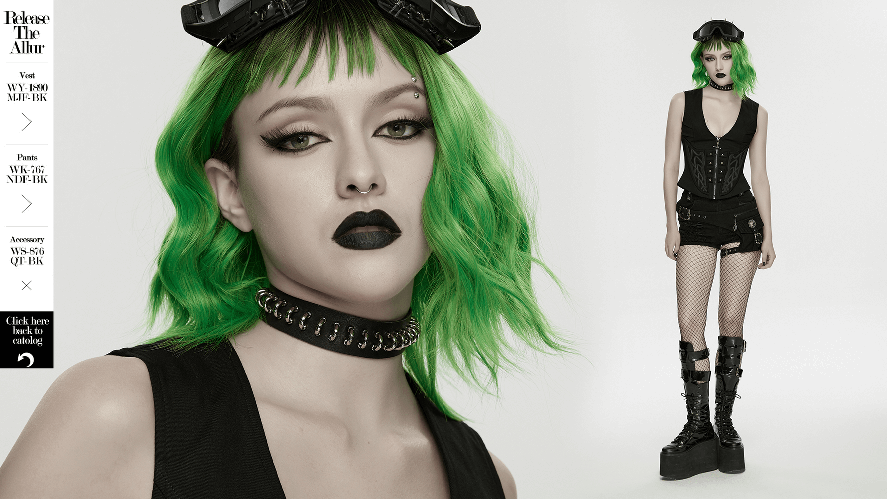 Punk Black Leather Choker with Silver Ring Links worn by model with green hair and goth makeup, showcasing edgy street style.