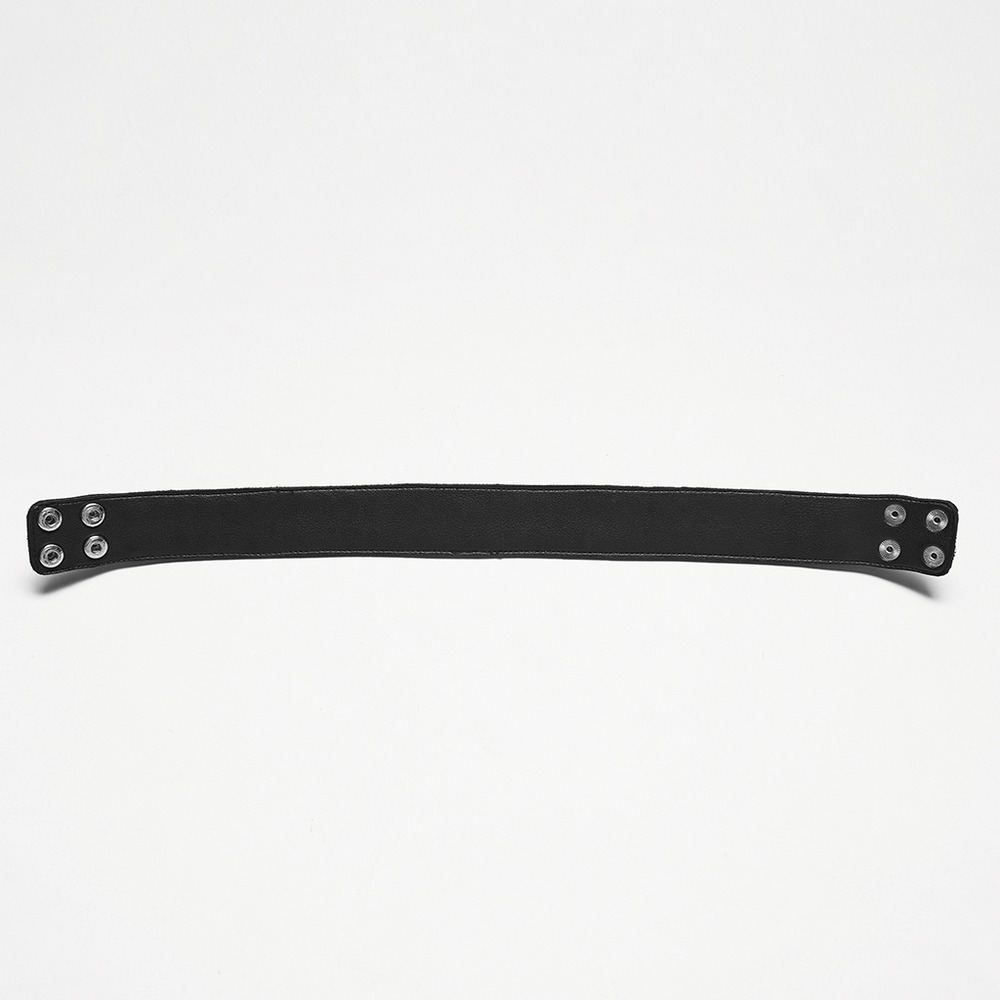 Punk Black Leather Choker with Silver Ring Links showcasing the smooth faux leather and snap closure.