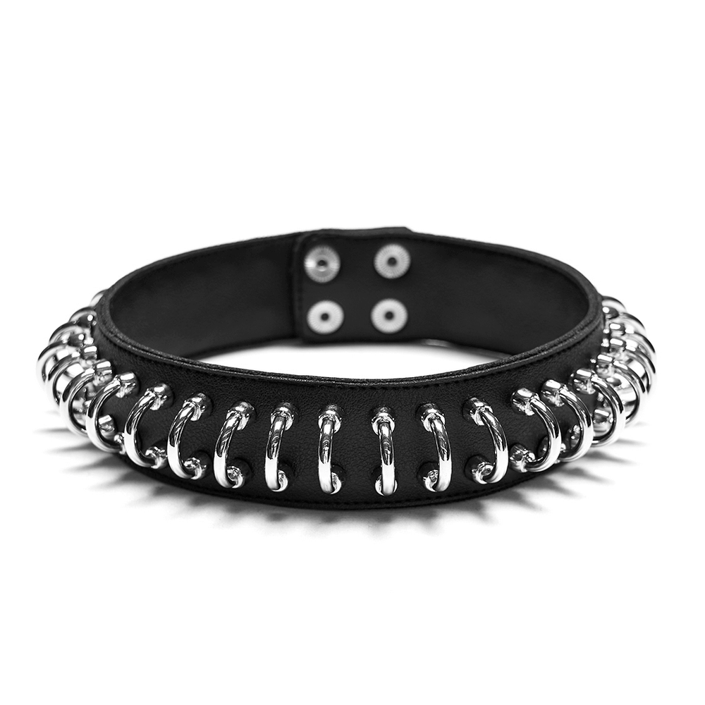 Punk Black Leather Choker with Silver Ring Links showcasing eyelet hardware and snap closure.