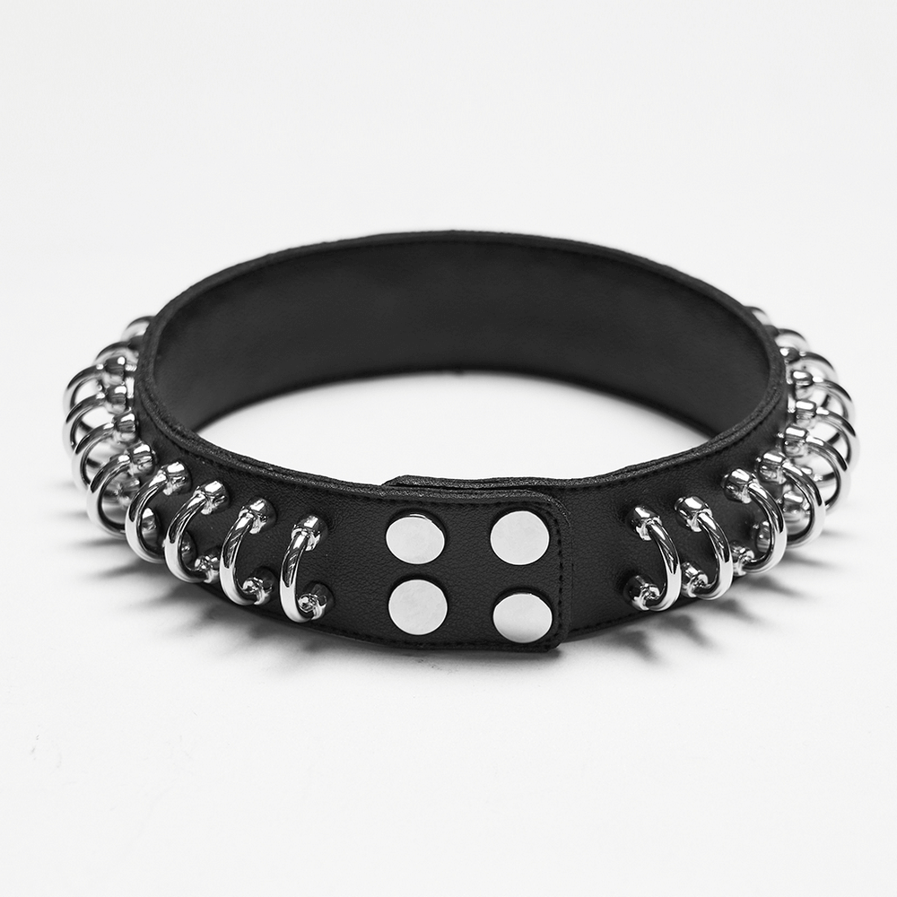 Punk Black Leather Choker with Silver Ring Links featuring snap closure and double rows of silver rings.
