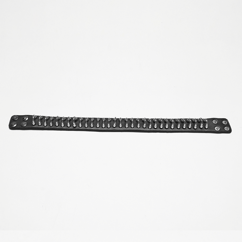 Punk Black Leather Choker with Silver Ring Links showcasing its sleek design and bold silver detailing on a white background.