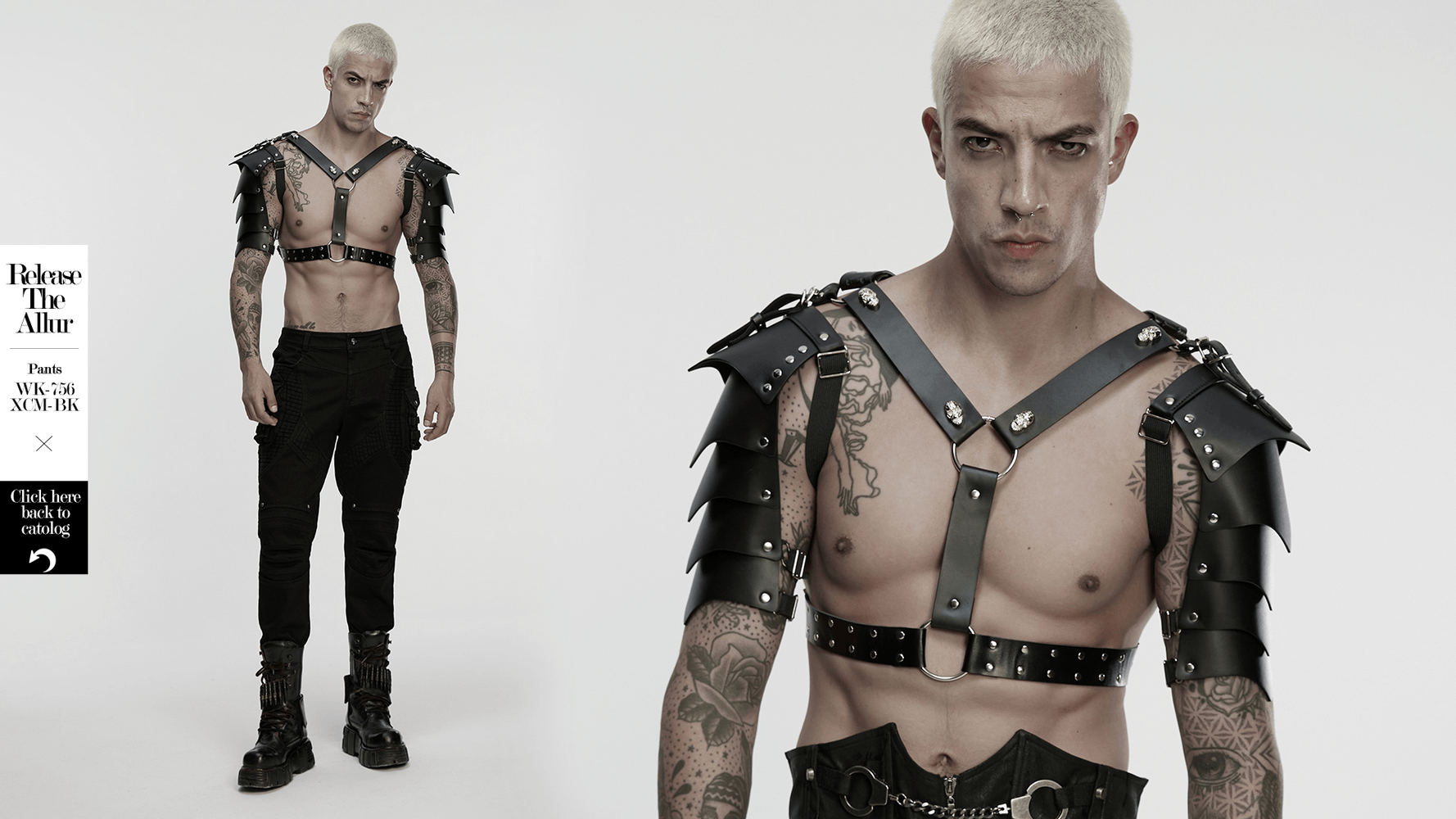 Punk Black Leather Shoulder Armor Harness for Men with studded shoulder pads and edgy design.