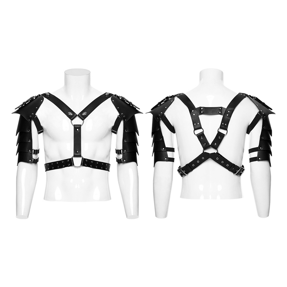 Punk Black Leather Shoulder Armor Harness for Men showcased on a mannequin, featuring studded shoulder pads and adjustable straps.