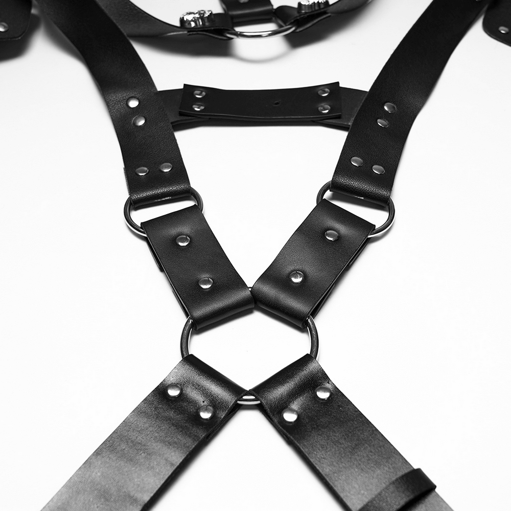 Punk Black Leather Shoulder Armor Harness for Men featuring studded straps and metal accents.