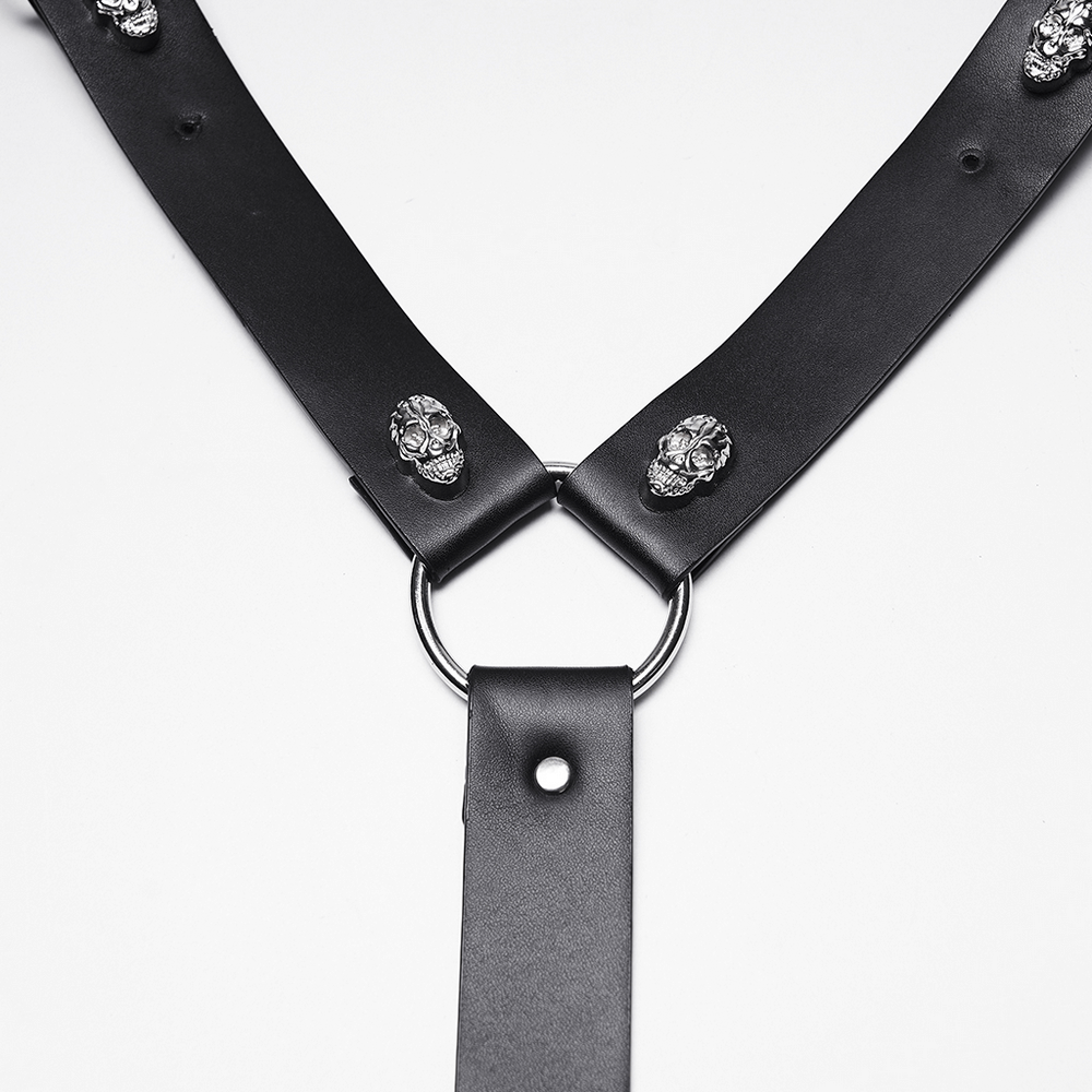 Punk Black Leather Shoulder Armor Harness for Men featuring skull details and metal ring.
