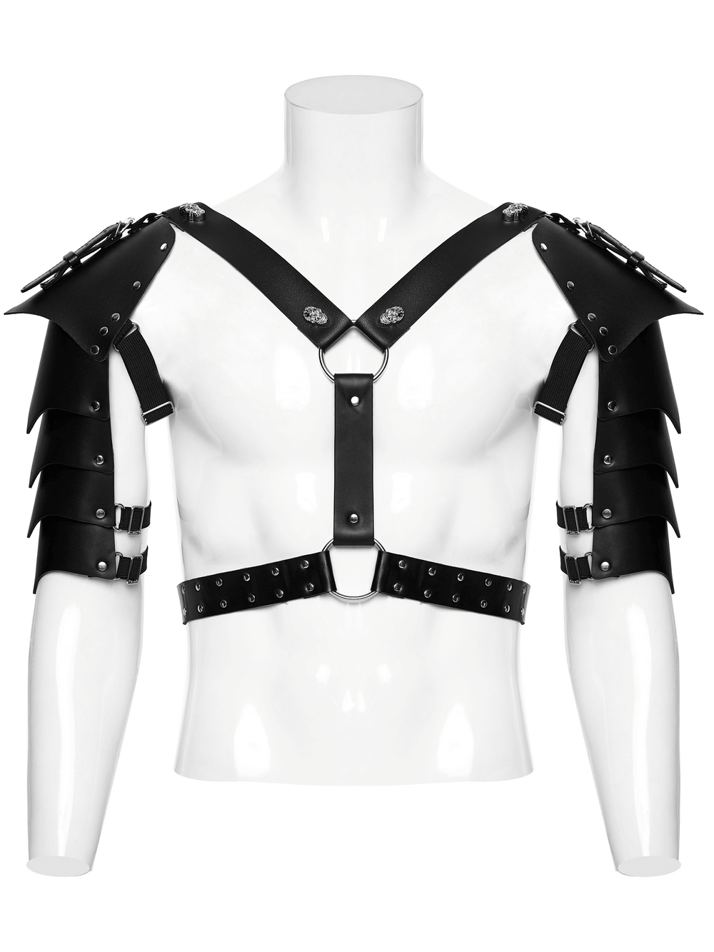 Punk Black Leather Shoulder Armor Harness for Men showcasing studded shoulder pads and a detachable design.