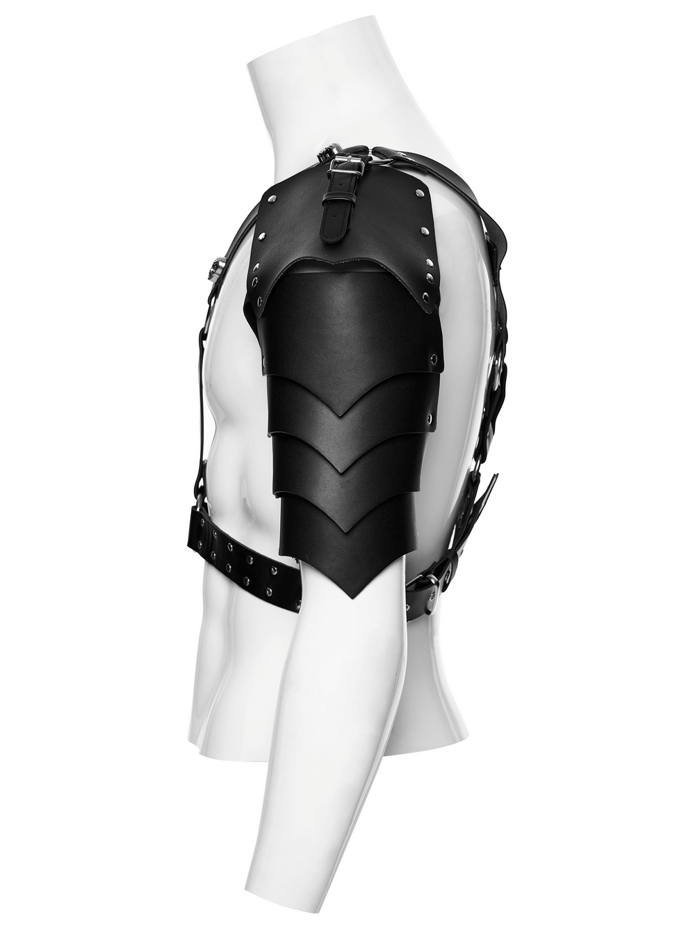 Punk Black Leather Shoulder Armor Harness for Men featuring studded shoulder pads and eco-friendly design.