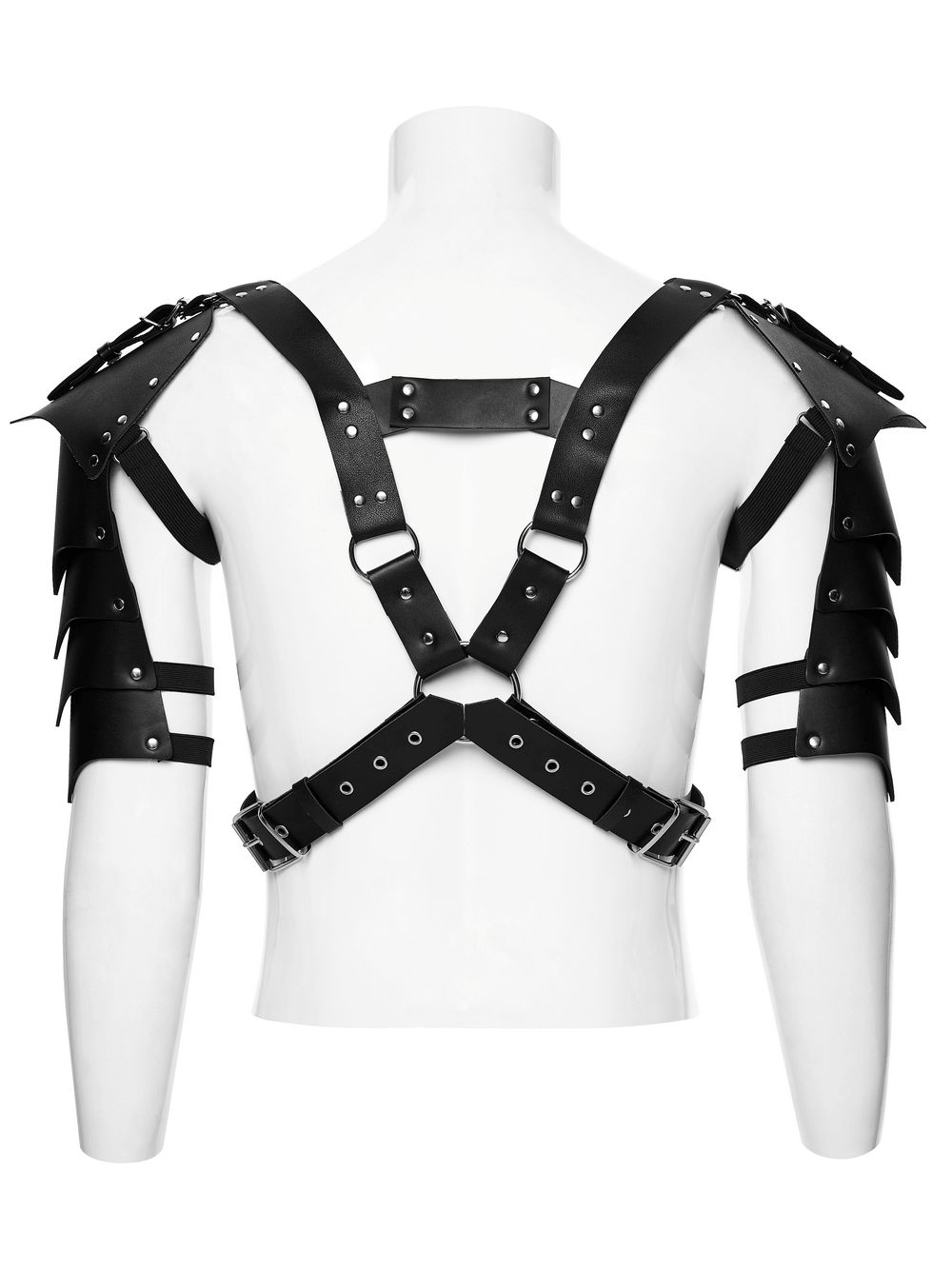 Punk Black Leather Shoulder Armor Harness for Men showcasing studded shoulder pads and rebellious design.
