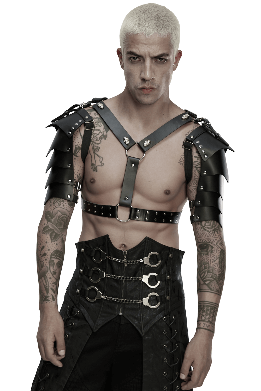 Punk Black Leather Shoulder Armor Harness for Men modeled by a man with tattoos and a fierce expression.