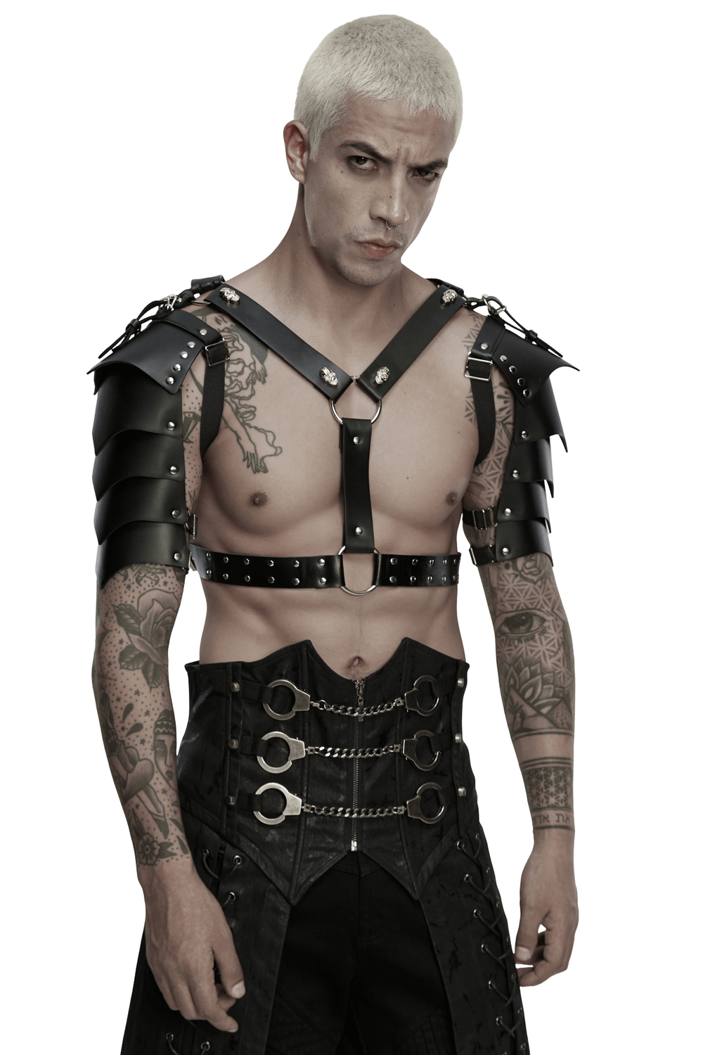 Punk Black Leather Shoulder Armor Harness for Men worn by a model with tattoos and blond hair.