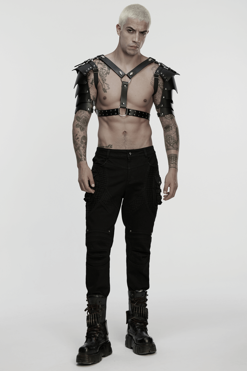 Punk Black Leather Shoulder Armor Harness for Men worn by a model showcasing edgy fashion style.