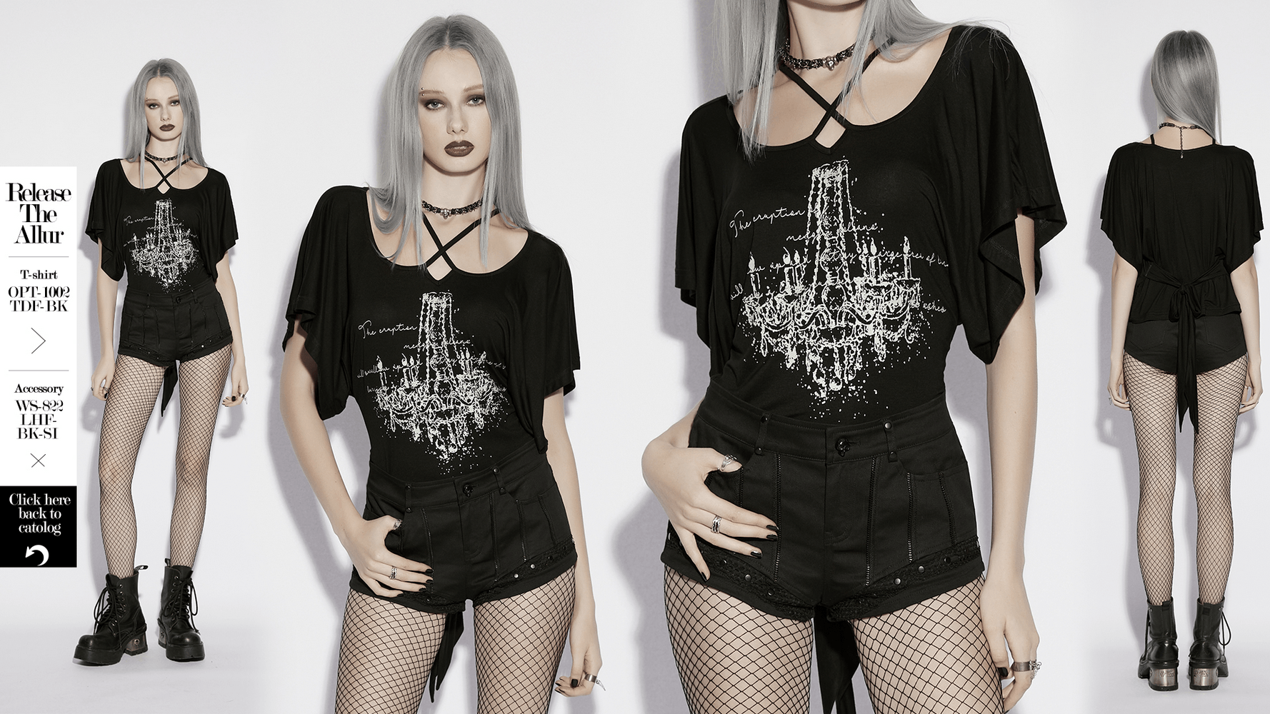 Alt Tag: Punk Black Low Waist Shorts with Zipper and Rivet Trim on model, black punk shorts with mesh panels, symmetrical zippers, rivet trim
