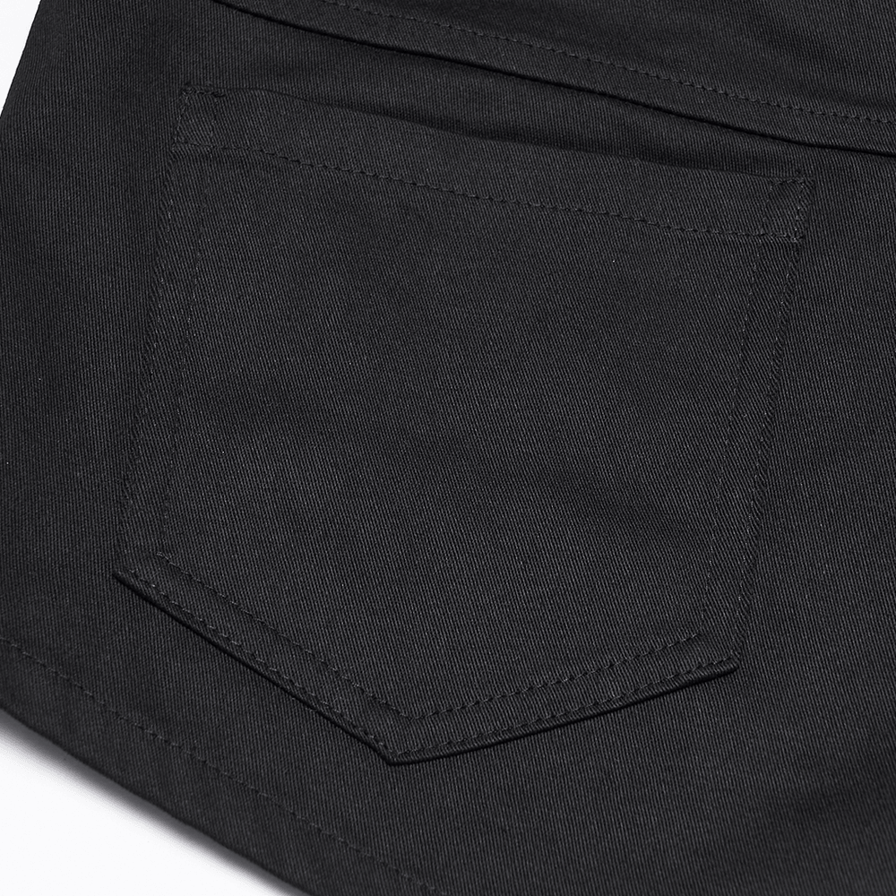 Alt Tag: Punk Black Low Waist Shorts with Zipper and Rivet Trim close-up of black twill back pocket stitching, punk streetwear detail