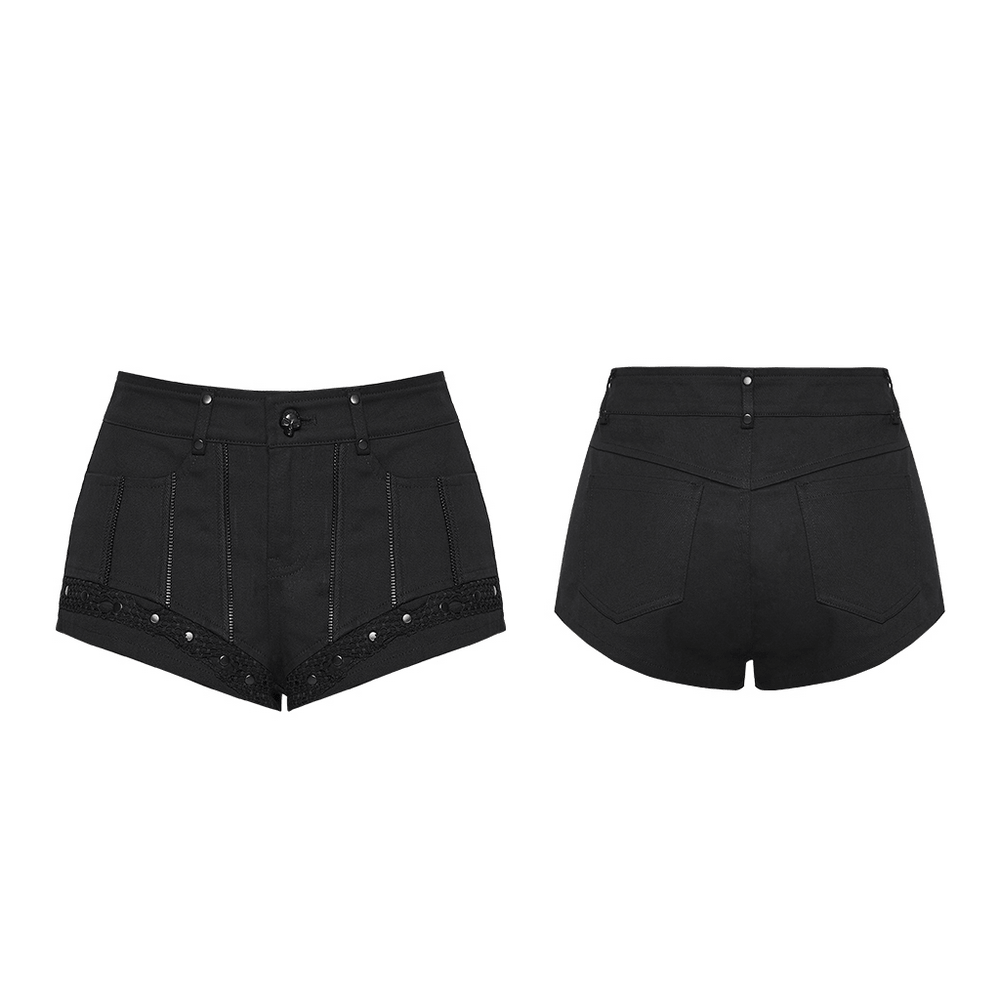 Alt Tag: Punk Black Low Waist Shorts with Zipper and Rivet Trim, front and back view, black low-rise punk shorts with mesh and rivet accents