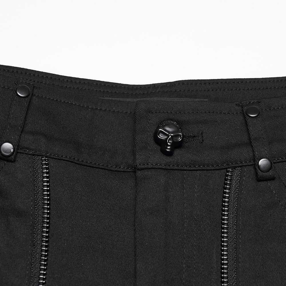 Alt Tag: Punk Black Low Waist Shorts with Zipper and Rivet Trim close-up waistband with skull button, twin zippers and rivet details