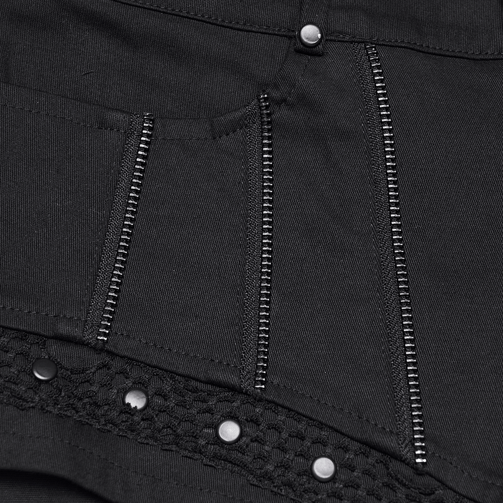 Alt Tag: Punk Black Low Waist Shorts with Zipper and Rivet Trim close-up, symmetrical zippers, rivet trim, mesh hem detail
