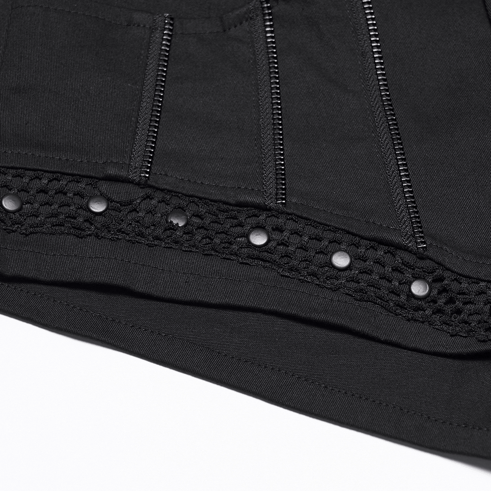 Alt Tag: Punk Black Low Waist Shorts with Zipper and Rivet Trim close-up of mesh hem panel, rivet trim, and vertical zipper details