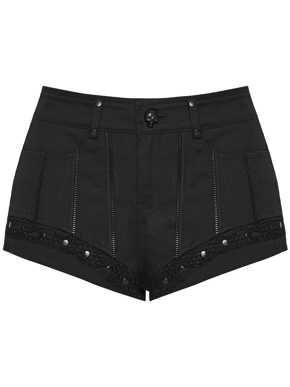 Alt Tag: Punk Black Low Waist Shorts with Zipper and Rivet Trim - black punk low-rise shorts with mesh trim, rivet accents, edgy streetwear vibe