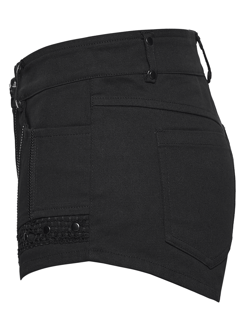 Alt Tag: Punk Black Low Waist Shorts with Zipper and Rivet Trim, back view black punk low-rise shorts with pockets and zipper detail