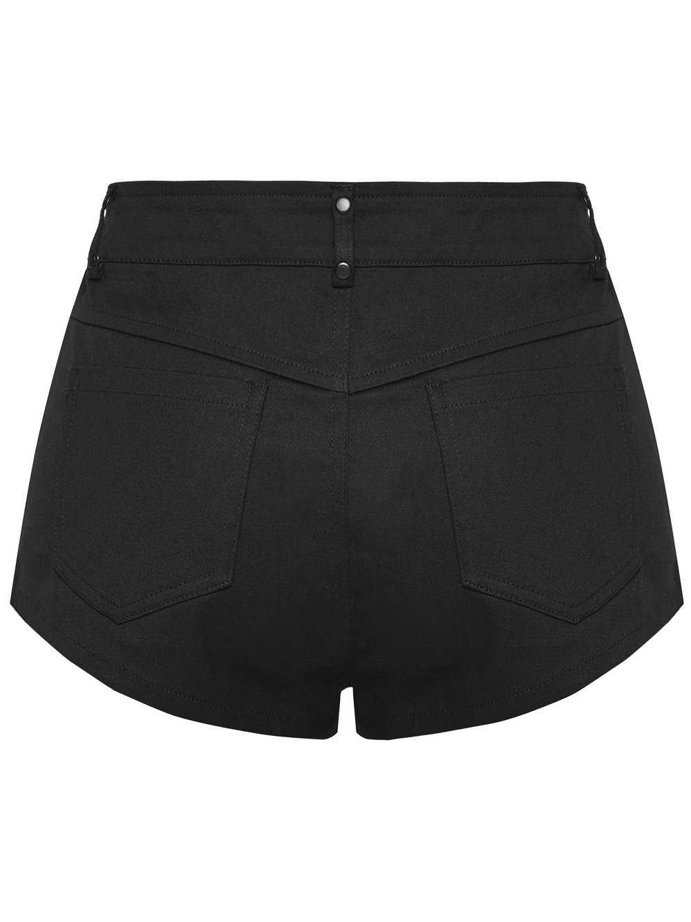 Alt Tag: Punk Black Low Waist Shorts with Zipper and Rivet Trim back view, black low-rise punk shorts with rivet details