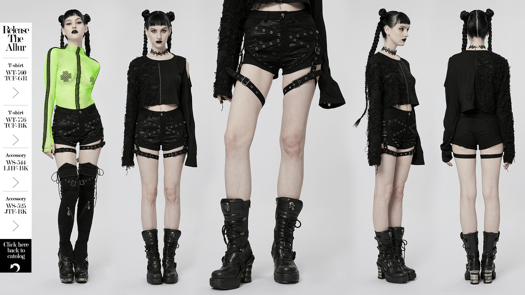 Model showcasing punk black mesh garter shorts with buckle straps, styled with edgy outfits.