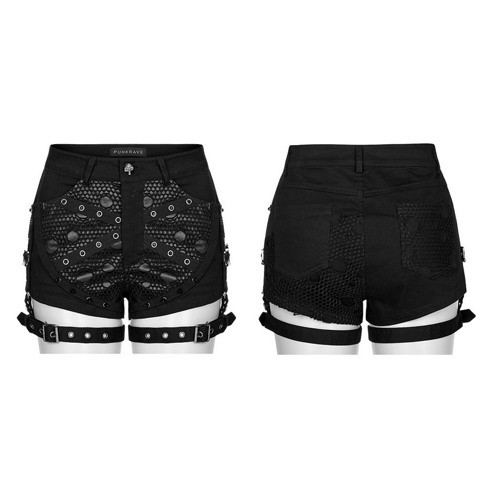 Punk Black Mesh Garter Shorts with Buckle Straps, featuring unique decayed mesh and imitation leather textures.