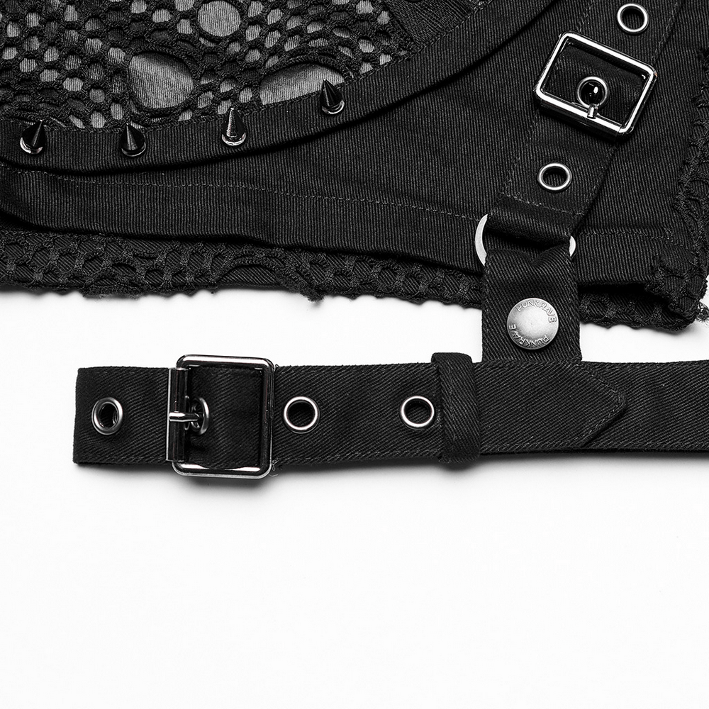 Close-up of punk black mesh garter shorts highlighting buckle straps and decayed mesh detail.