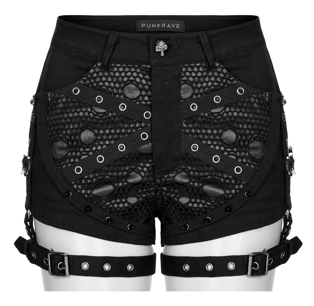 Punk black mesh garter shorts with buckle straps, showcasing a stylish high-waisted design and edgy textures.