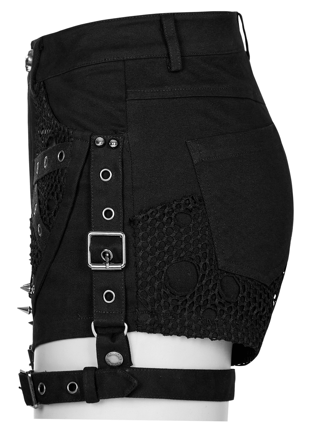 Punk black mesh garter shorts with buckle straps, showcasing edgy design and textured fabrics.