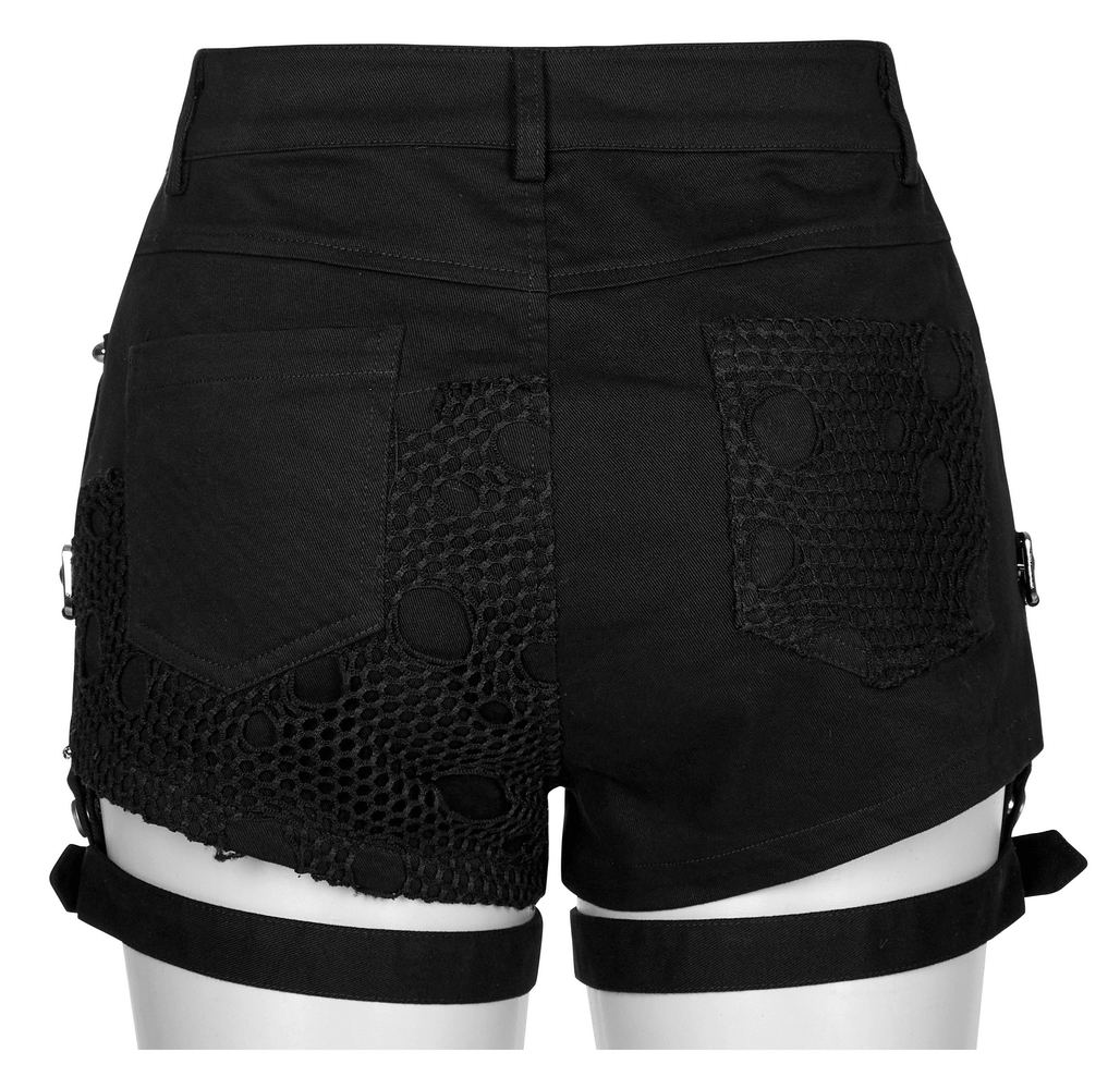 Back view of black mesh punk garter shorts with buckle straps and unique decayed mesh details.
