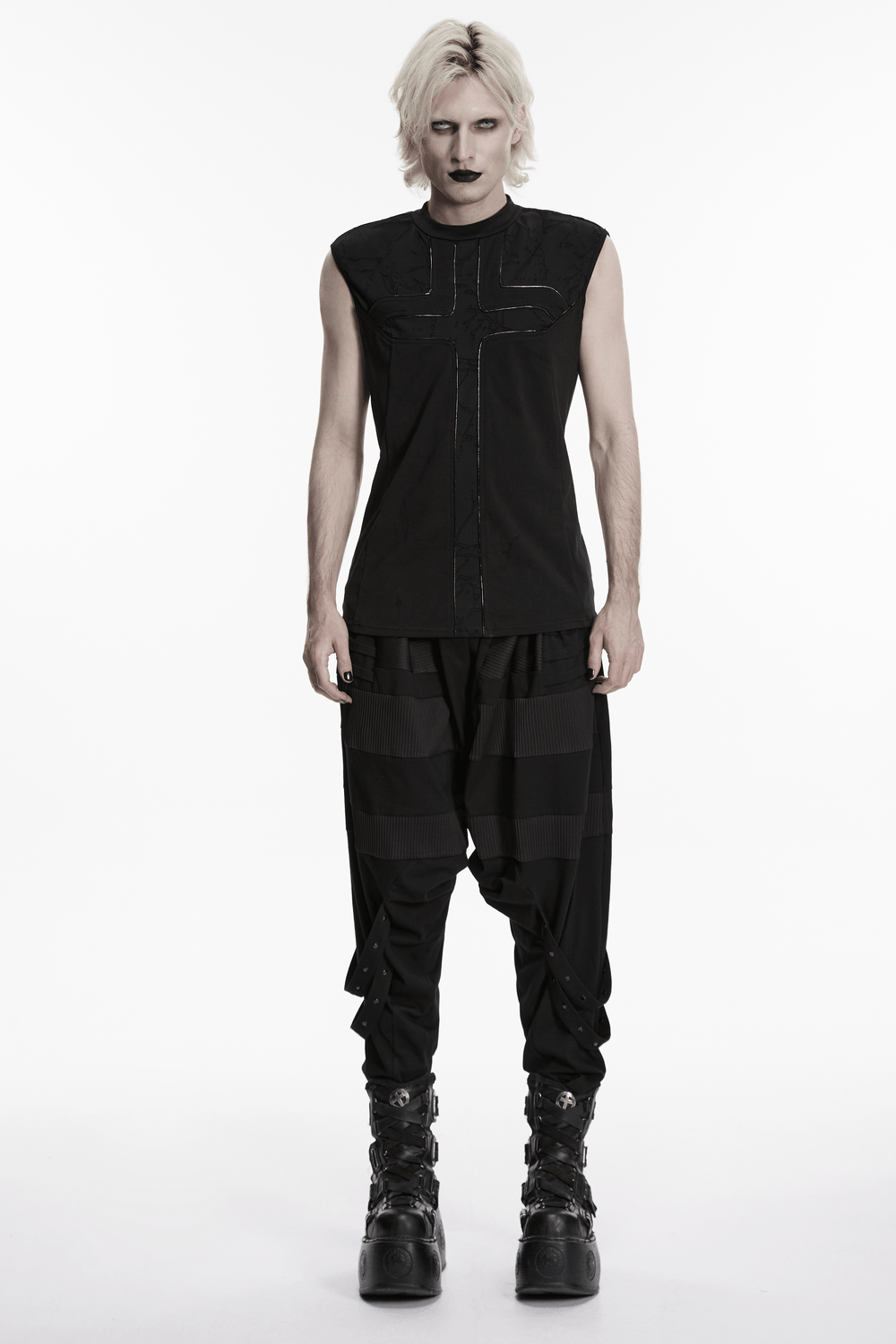 Punk Black Minimalist Cross Sleeveless Gothic Top worn with dark pants, showcasing a unique gothic alternative fashion style.