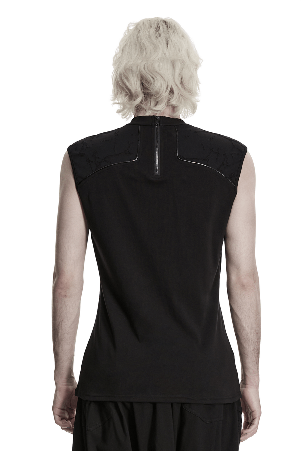Back view of Punk Black Minimalist Cross Sleeveless Gothic Top showcasing faux leather trim and structured design.