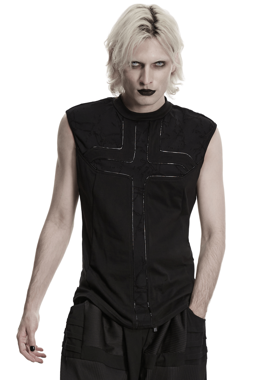 Punk Black Minimalist Cross Sleeveless Gothic Top modeled on a model with a fierce look, showcasing faux leather detailing.