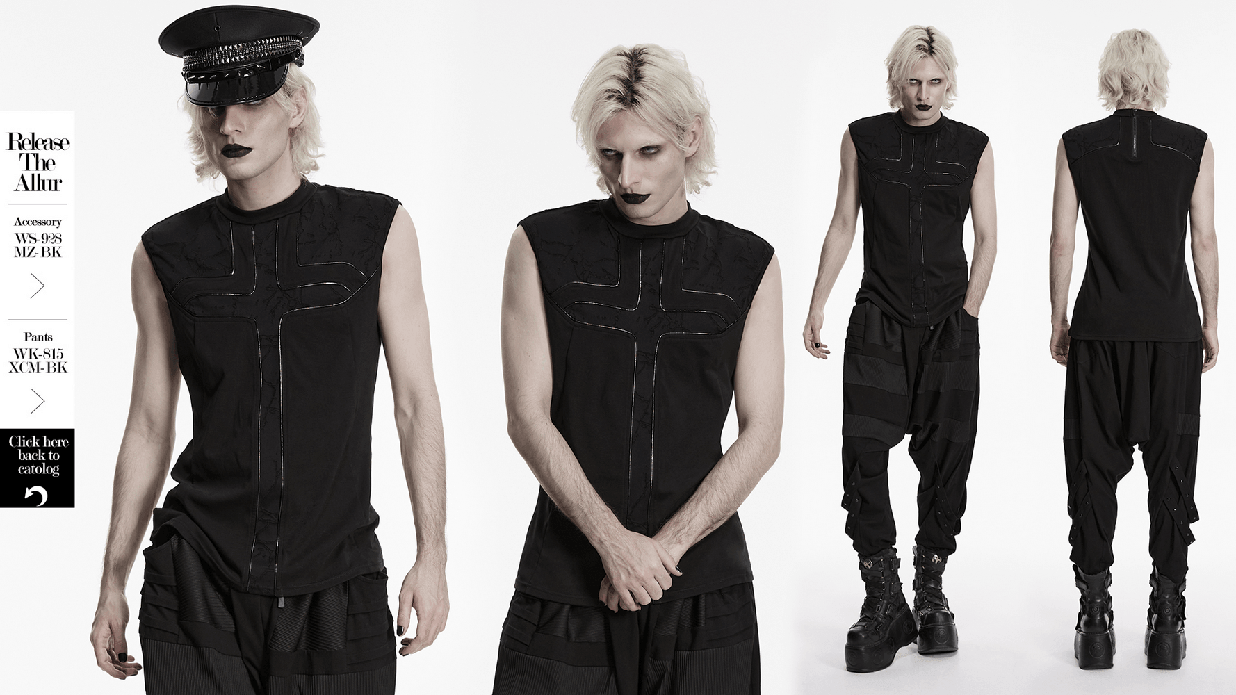 Punk Black Minimalist Cross Sleeveless Gothic Top featuring faux leather trim and a sleek, structured design.