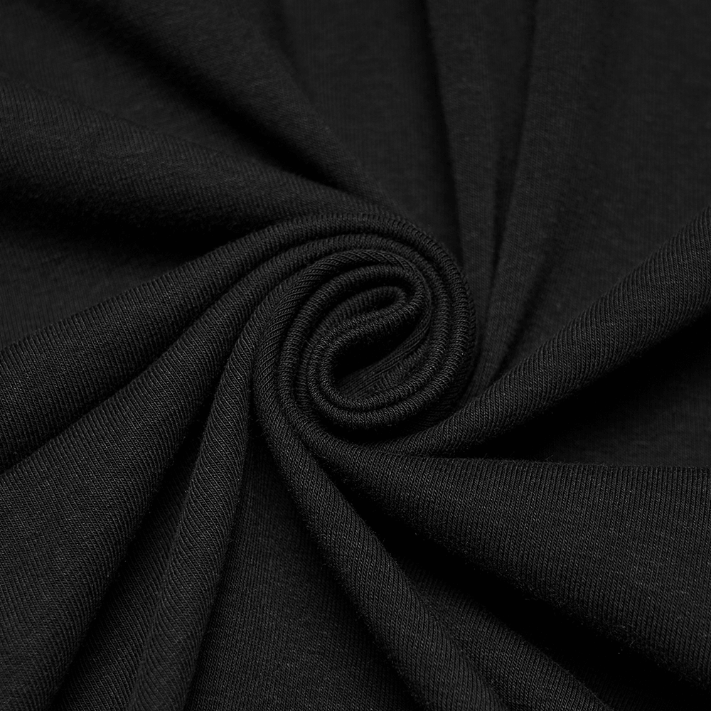 Close-up of black elastic knitted fabric for the Punk Black Minimalist Cross Sleeveless Gothic Top.