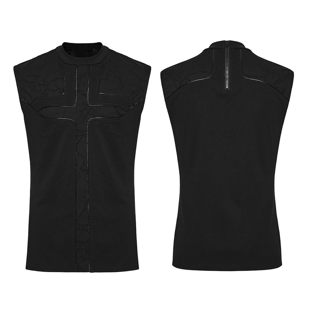 Punk Black Minimalist Cross Sleeveless Gothic Top showcasing a sleek design with faux leather trim and structured silhouette.