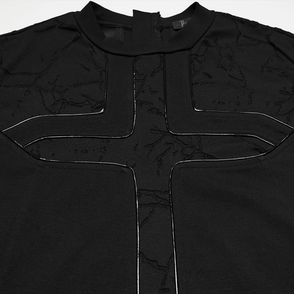Punk Black Minimalist Cross Sleeveless Gothic Top showcasing faux leather trim and structured design.