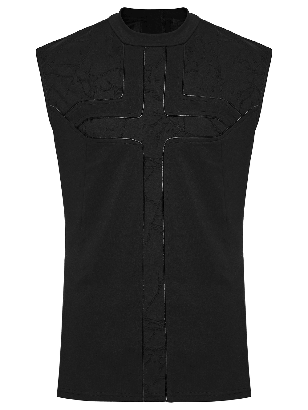 Punk Black Minimalist Cross Sleeveless Gothic Top featuring faux leather trim and structured design.